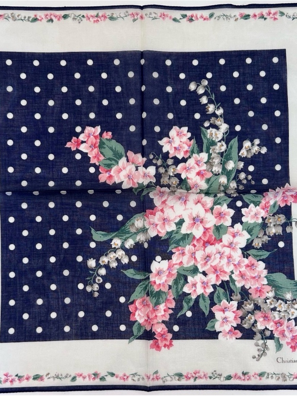 WOMEN HANDKERCHIEF CHRISTIAN DIOR Floral Blue Polka Dot Bandana Scarf COTTON 18” - Picture 5 of 5